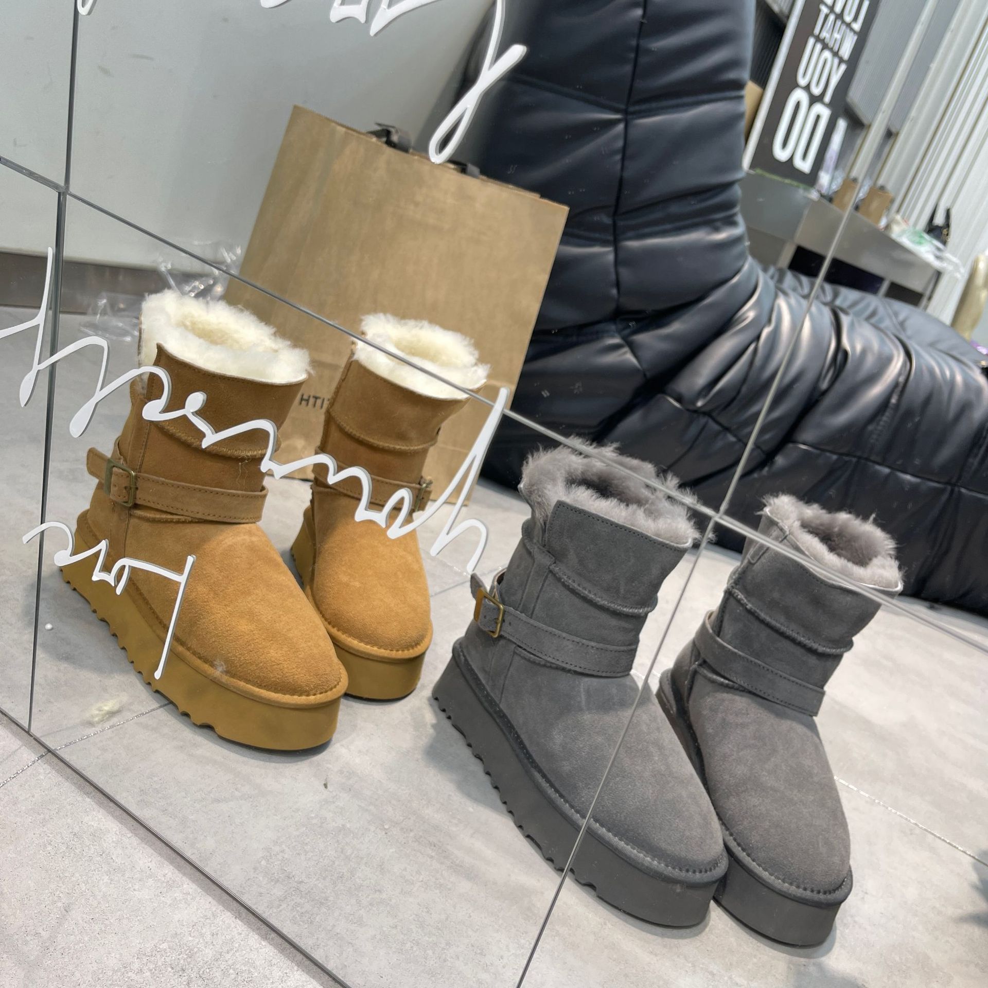 PRUGGI冬季新款皮带扣骑士靴厚底中筒雪地靴增高保暖东北棉鞋防滑