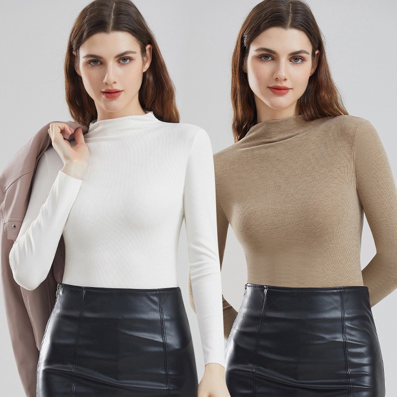 가을과 겨울 새로운 2426 미드 칼라 열 탑 여성 스탠드 칼라 베이스 긴 소매 원활한 높은 탄성 피부 친화적 인 열 속옷