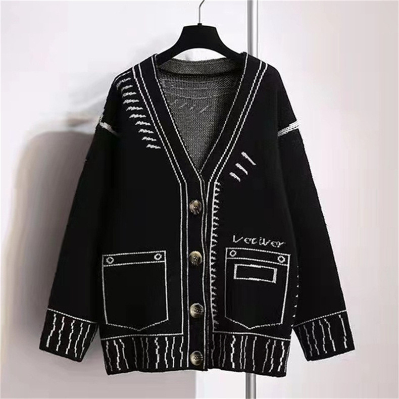2023 otoño e invierno nuevo perfil blanco y negro pintura graffiti suéter flojo de las mujeres perezoso cardigan abrigo de punto superior