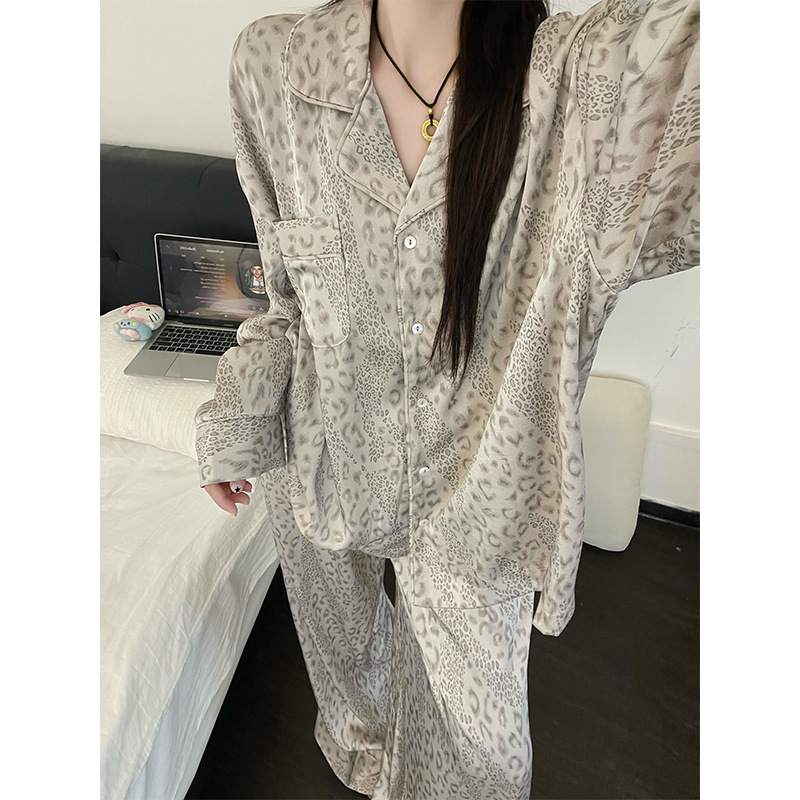 Korean High-End Leopard Print Pajamas for Women, Spring and Autum Ins Design, Slimming Look Casual Home Wear Set