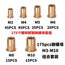 跨境代发-175pcs平头竖纹螺帽柳钉彩锌拉铆螺母M3-M10组合套装