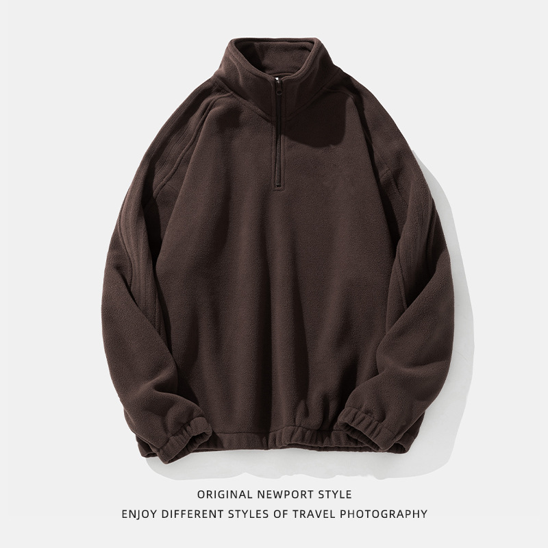 Monochrome Man- 430G Half-Zip Fleece Sweatshirt For Men, Spring Style, American Stand Collar Jacket, Trendy Loose Coat, Convertible_viptrois.com