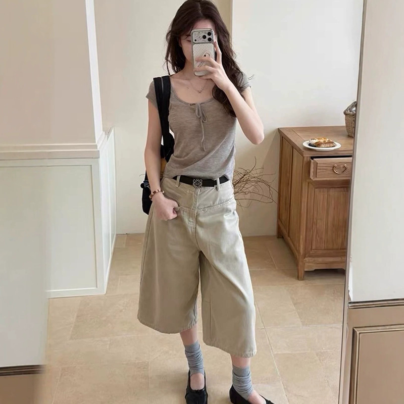 American-style khaki wide-leg cropped denim shorts for women, summer thin style, 2026 new model, loose straight mid-length pants for petite women
