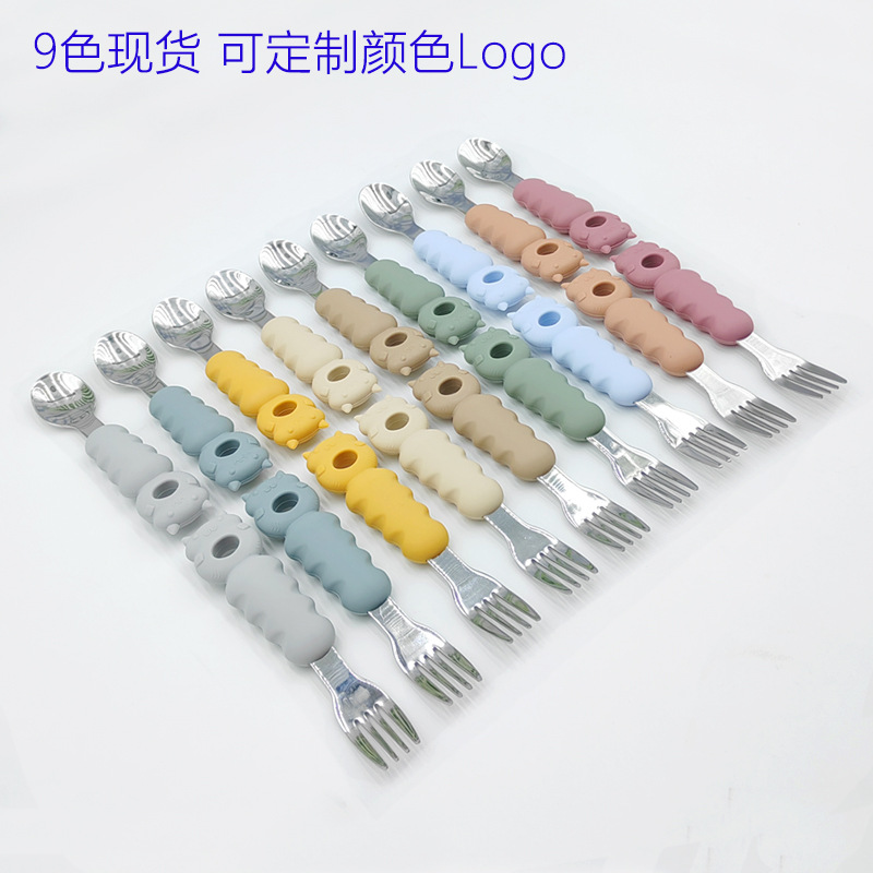 New cartoon Totoro stainless steel spoon fork anti-scalding silicone handle baby training spoon fork baby feeding complementary spoon