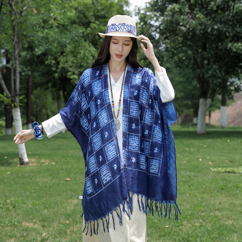 Yunnan Lijiang bufanda de seda de viaje estilo étnico verano ligero tie-dyed protector solar Toalla de playa exterior chal decorativo para las mujeres