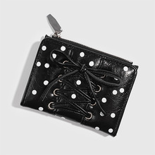 新款女士两折拉链搭扣短款女士钱包简约纯色系绑带蝴蝶结wallet