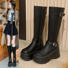 复古法式黑色厚底长筒靴女2025新款秋季小个子胖mm显瘦增高骑士靴