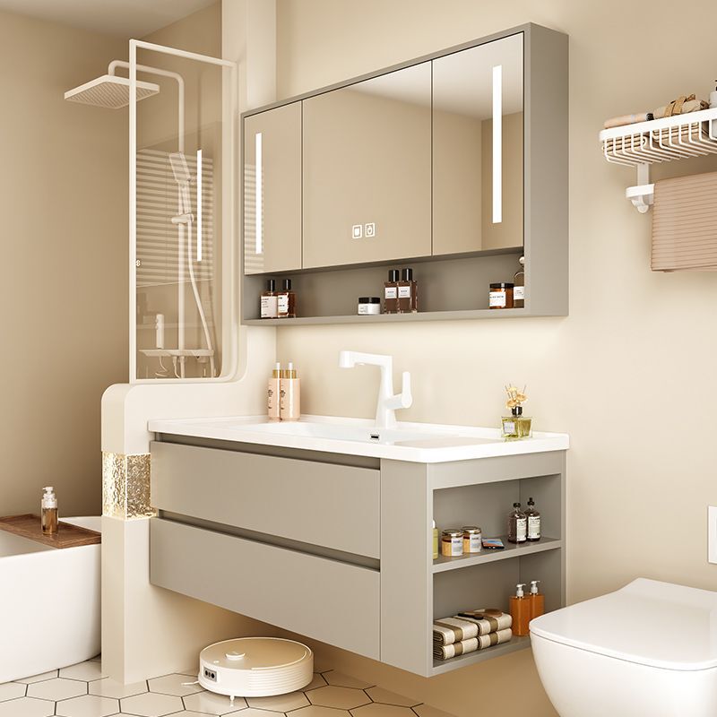 Cream-Colored Bathroom Vanity with Integrated Ceramic Washbasin and Toilet, Side-Mounted Washbasin