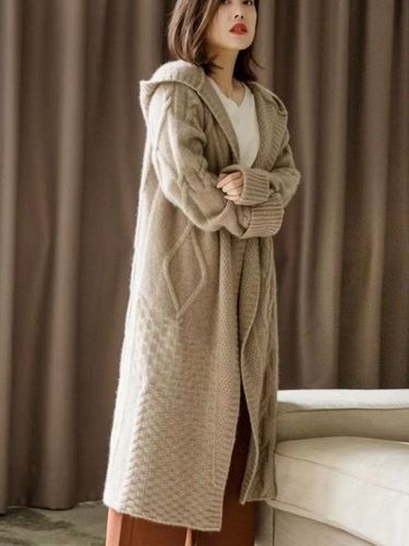 Women's Hooded Knit Cardigan Long Coat Knit Outerwear Plus Size Scarf Long Sleeve Mid-Length Fall/Winter