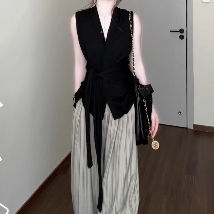 夏日穿搭一整套大码胖mm无袖上衣条纹阔腿裤高级独特巨好看套装女|undefined