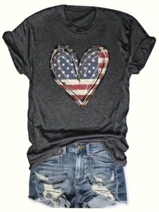 American Flag Heart Design Women's Chic Letter Print Tee�羳