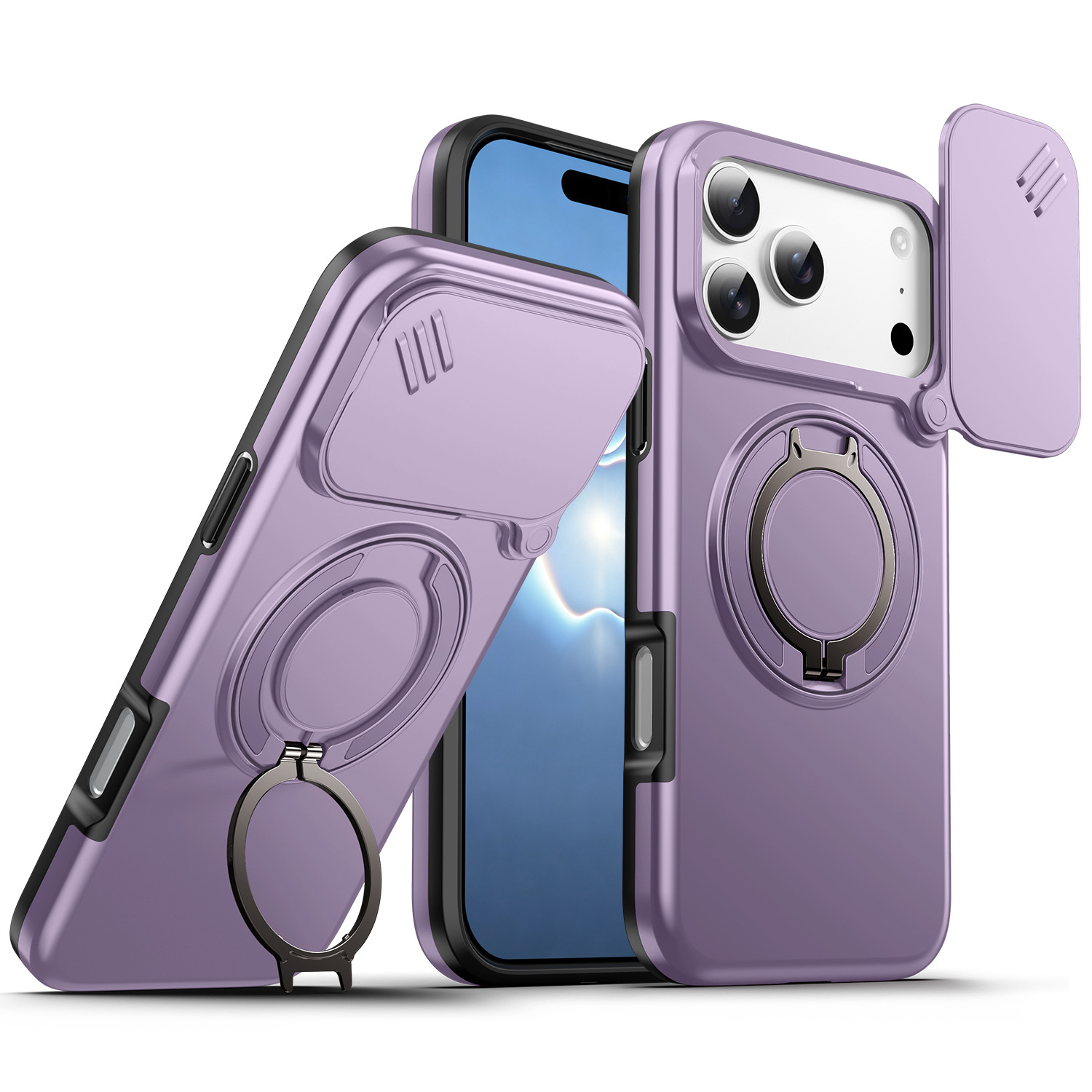Funda Magnética para iPhone 17 Pro Max 16 15 de PC con Soporte Giratorio 360°, Tapa Deslizante para Lente y Anti-caída