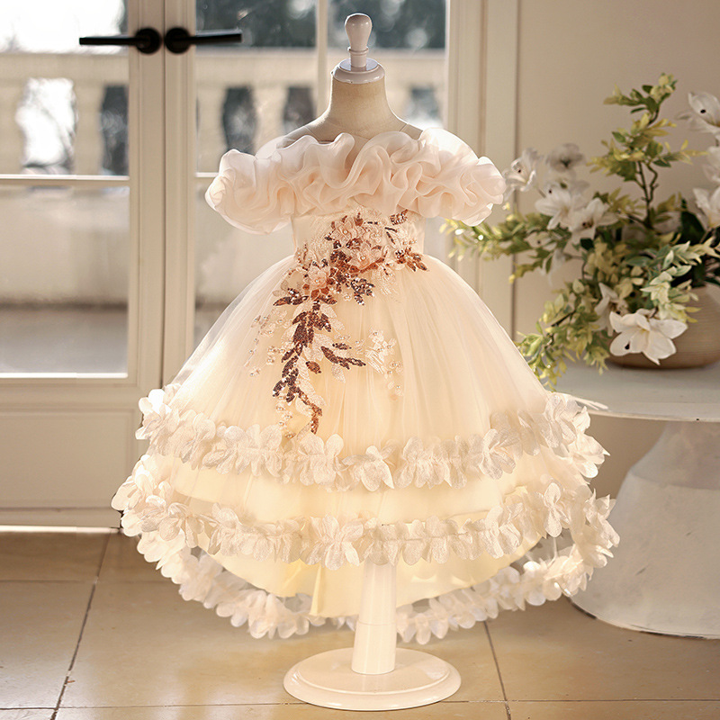 Vestido de niñas vestido de princesa de cola floral vestido de novia niños anfitriones de piano vestido de boda de verano