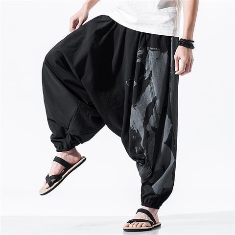 Pantalones de entrepierna colgante de Buda, pantalones de entrepierna baja de grasa especial de algodón y lino para hombre, pantalones de entrepierna de arrastre sueltos, pantalones de nueve puntos, pantalones holgados japoneses más grasa de talla grande