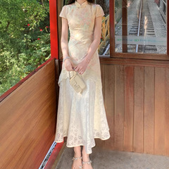 春夏絶美新中国式改良チャイナドレス女性夏レースデザイン感小衆偽2枚の透かし彫り花ワンピース