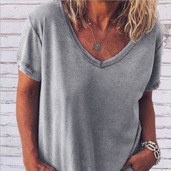 2025 European and American Cross-Border Large V-Neck T-Shirt Summer Export Loose Casual Versatile Short-Sleeved Women's Top European and American Hot Style