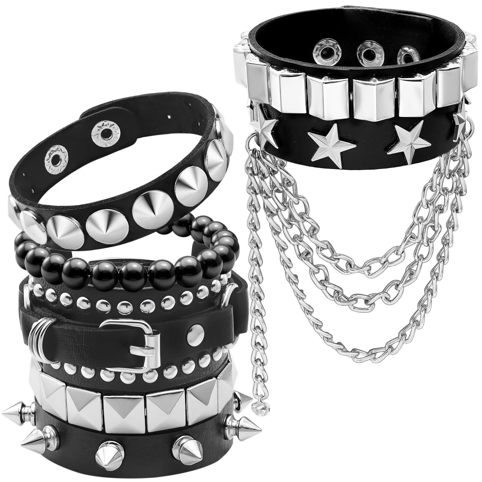 6-piece set of punk-style fashion men's multi-layer vintage leather bracelets with unique rivets, cool and stylish wristbands