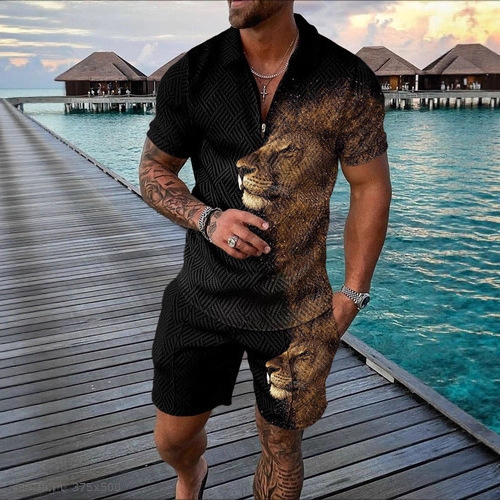 Cross-Border European and American Men's New Casual and Comfortable Zipper Lapel Short-Sleeved Polo Shirt Shorts Suit