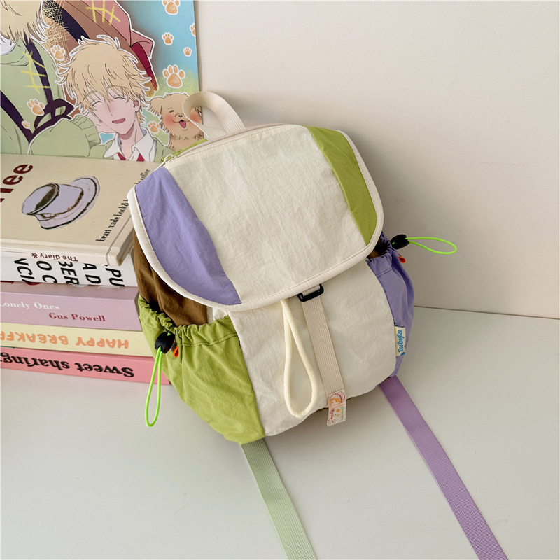 Color contrastante empalme mochila escolar de estudiantes universitarios dopamina suave mochila de niñas con cuerda flip-up mochila de viaje de gran capacidad