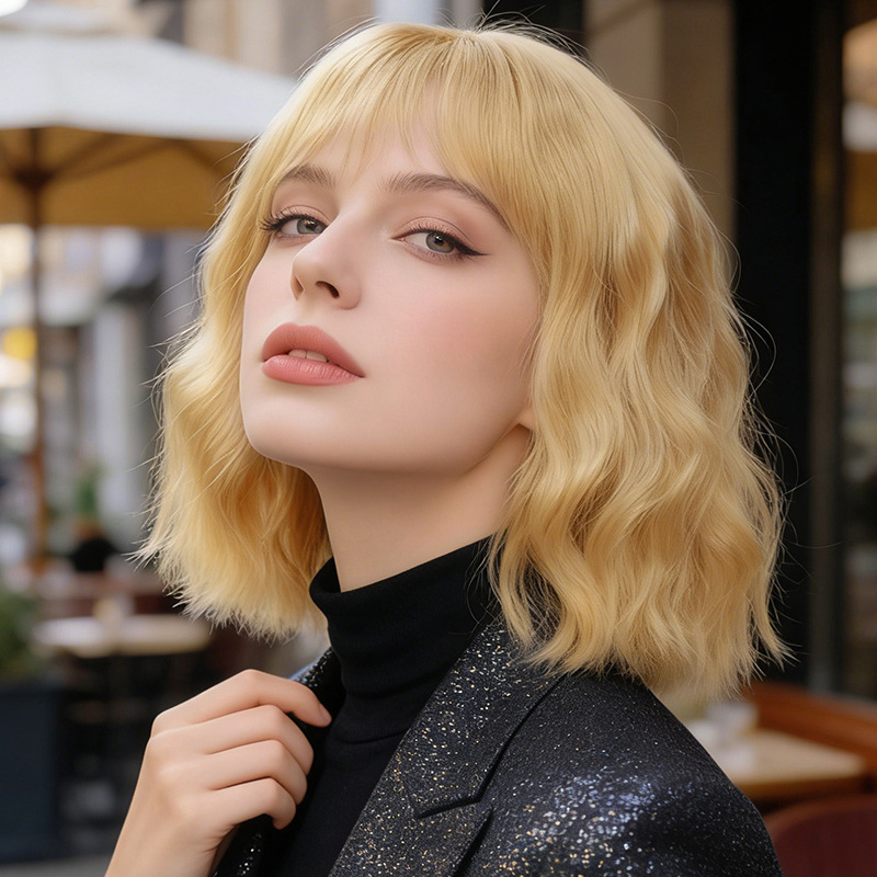 Cross-Border Popular Short Curly Wig, European and American Style, Shoulder-Length Wavy Hair with Air Bangs, Synthetic Fiber Hairpiece, Wholesale from Manufacturer