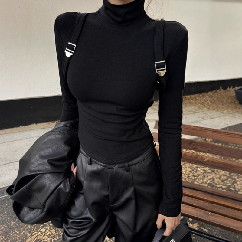 American Sweet and Cool Sexy Shoulder Strap Slim High-Neck Bottoming Shirt Women's Long-Sleeved T-Shirt Slimming Look Tight-Fitting Unique Top