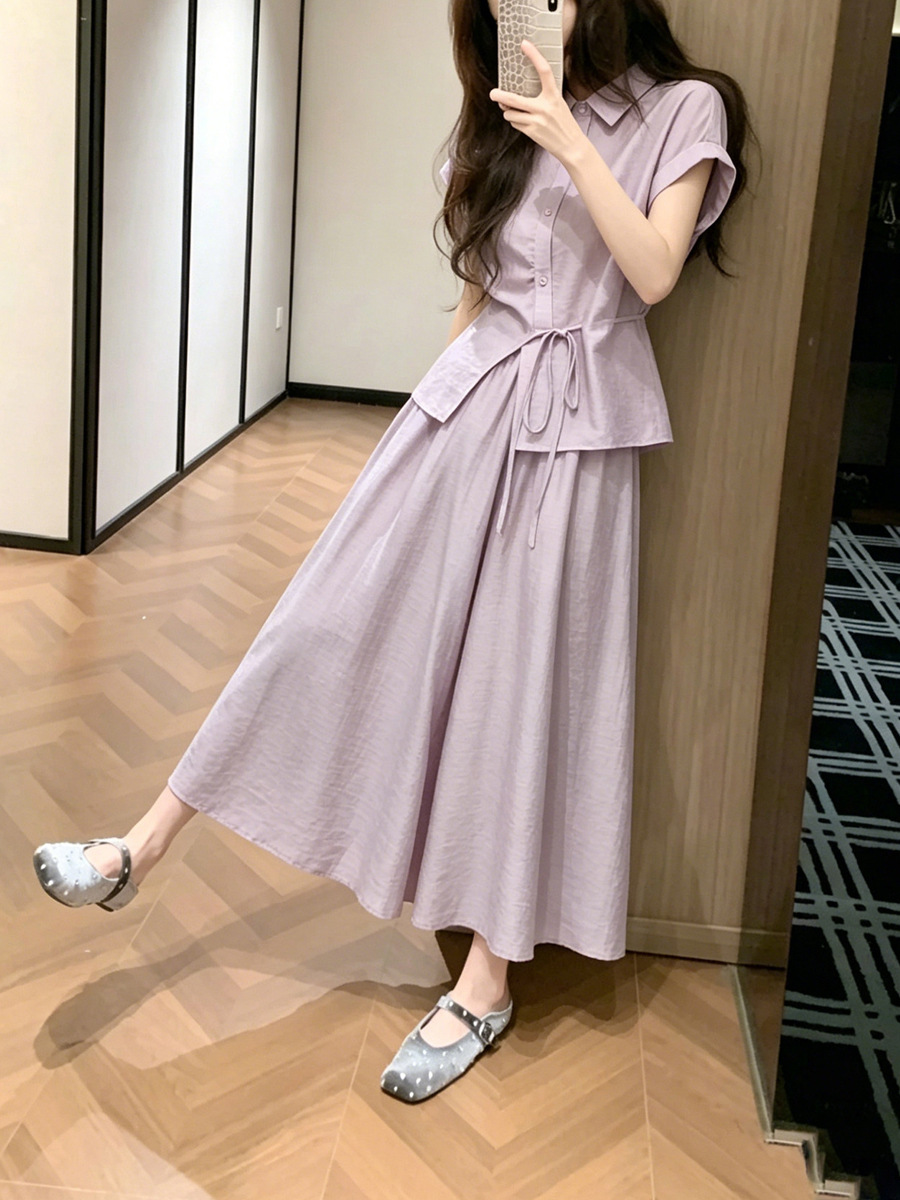 Set áo sơ mi thắt lưng và chân váy nữ mùa hè màu tím — Áo tím+nửa váy