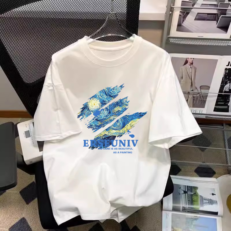 纯棉女装短袖T恤潮牌网红款宽松圆领潮流白色印花上衣百搭打底衫|undefined