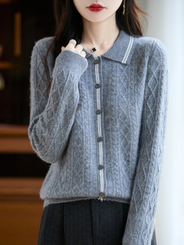 新款秋冬100羊毛女Polo衫时尚翻领开衫毛衣减龄针织衫短款一件代|undefined