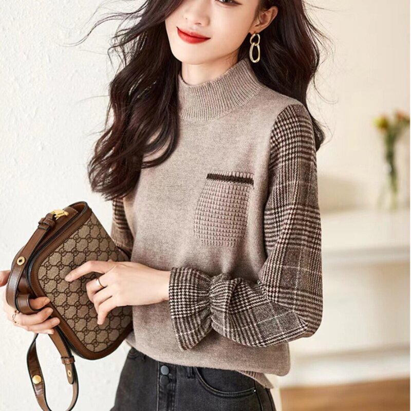 2026 faux two-piece top, high-end, soft and comfortable, spring and autumn, half-high collar, bell sleeves, loose, stylish and fashionable new blouse 2026 faux two-piece top, high-end, soft and comfortable, spring and autumn, half-high collar, bell sleeves, loose, stylish and fashionable new blouse
