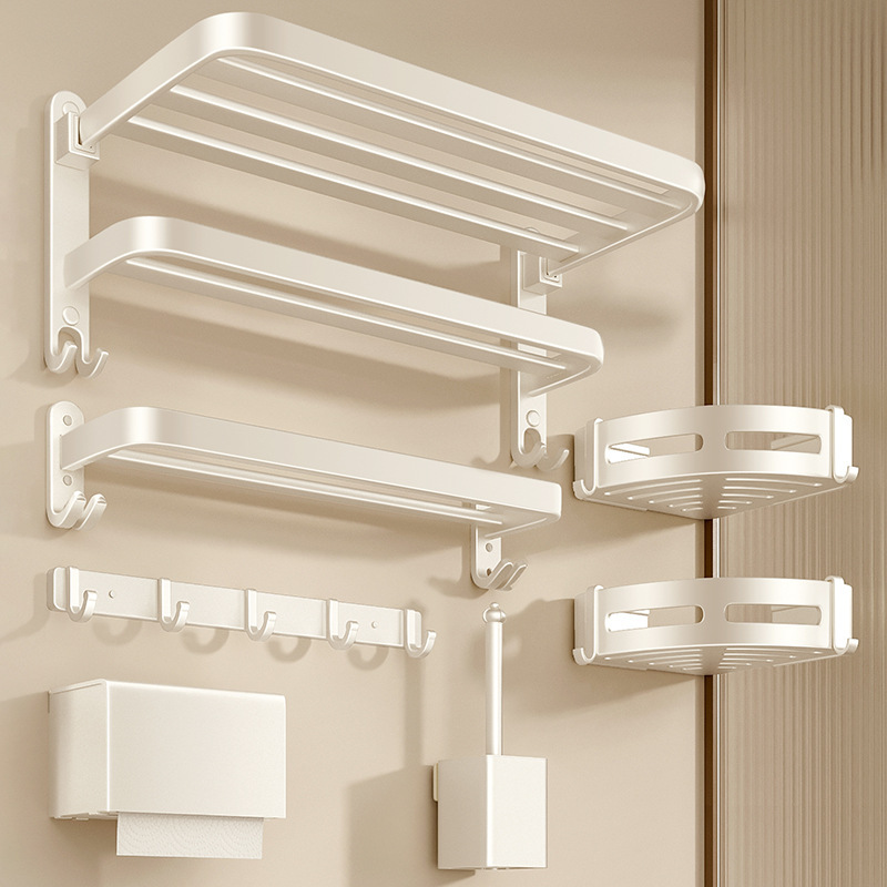 Cream-Style Towel Rack Bathroom Punch-Free Bath Towel Storage Rack Bathroom Toilet Wall-Mounted Space Aluminum Storage Hanging Rod