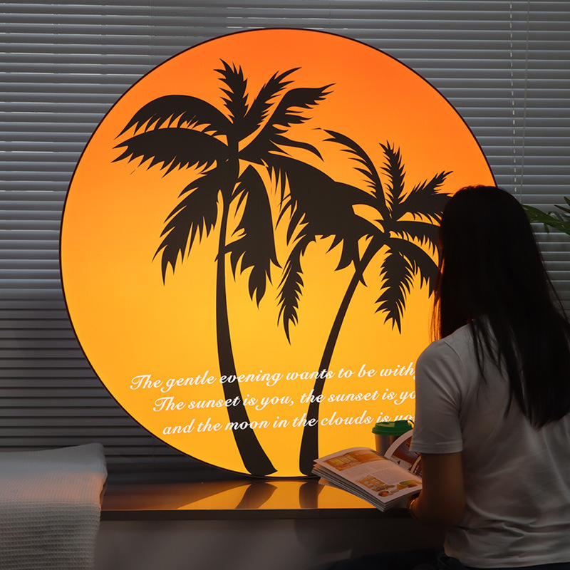 户外露营风椰树日落uv软膜卡布灯箱氛围灯INS创意圆形发光灯牌