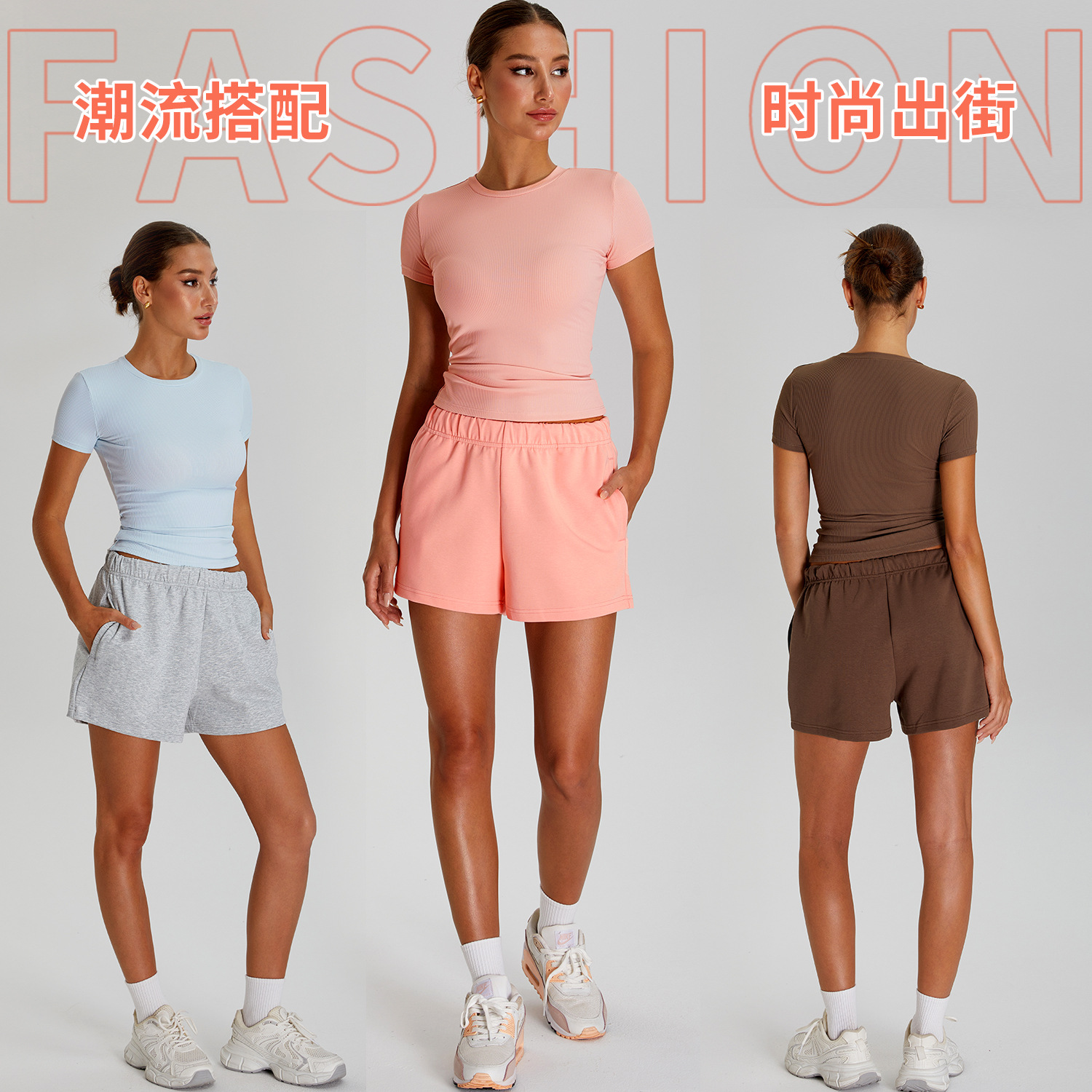 Traje de yoga ajustado transfronterizo, hilo fino, hombro, manga corta, pantalones casuales para correr de todo fósforo, traje deportivo de fitness para mujer image 1