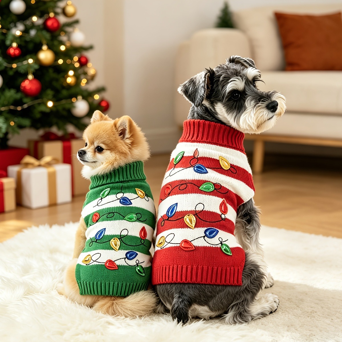 Herbst und Winter Haustierpullover Hund Weihnachtsbeleuchtung gestreifter Rollkragenpullover kleiner Hund warme Kleidung