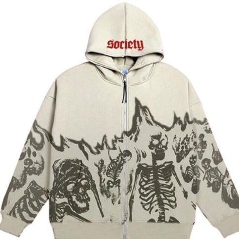 Skull Pattern Retro Street Style Hoodie Women Y2K Gothic Punk Harajuku Japanese Zip Sweatshirt Women