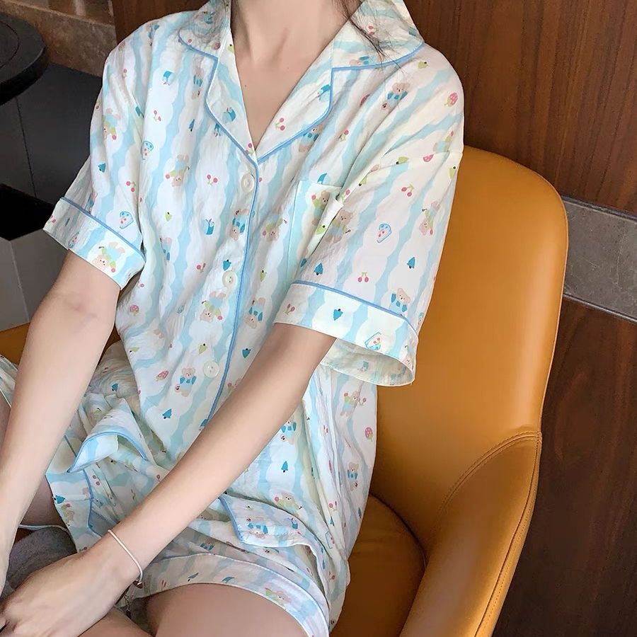 Vietnam transfronterizo al por mayor nube de algodón lindo oso pijamas verano mujeres pantalones cortos de manga corta cardigan casual dibujos animados servicio a domicilio