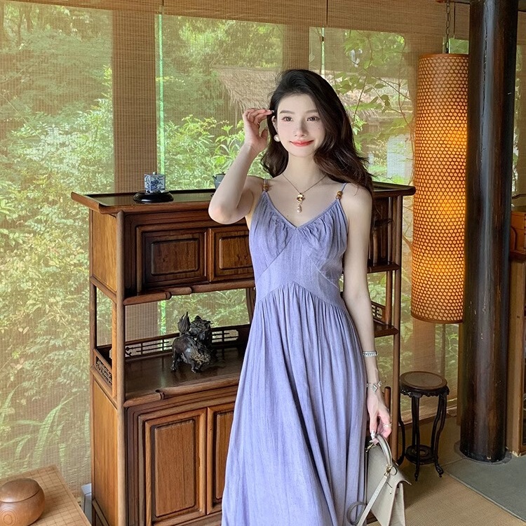 2025 Amazon 新製品美しい紫色のサスペンダードレス女性の夏の島辺りの休暇ウエストビーチスカート|undefined