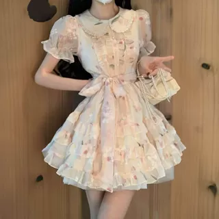 奶甜温柔碎花娃娃领连衣裙夏季少女感超仙气质减龄收腰系带公主裙