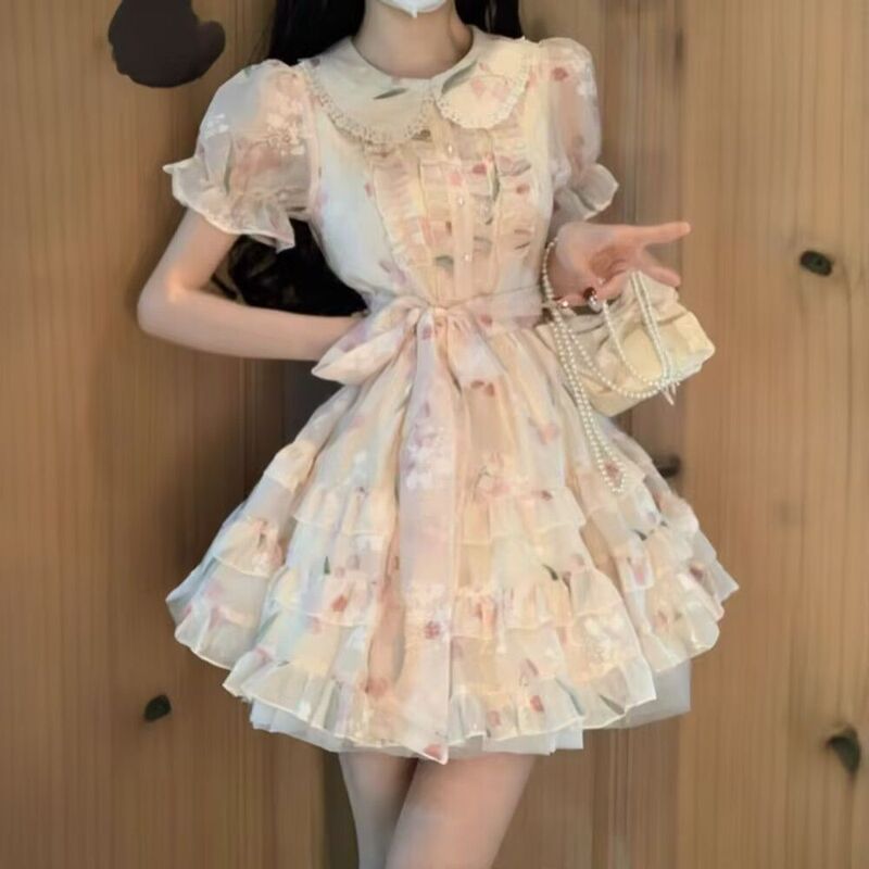 Sweet and Gentle Floral Doll Collar Dress, Summer Girly Style, Super Fairy-Like Temperament, Age-Reducing Waist-Cinching Princess Dress with Tie