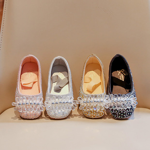 Children's Shoes Girls' Leather Shoes Little Girl's Single Shoes silver High-heeled Dress Show Children's Table Performance Princess Crystal Shoes