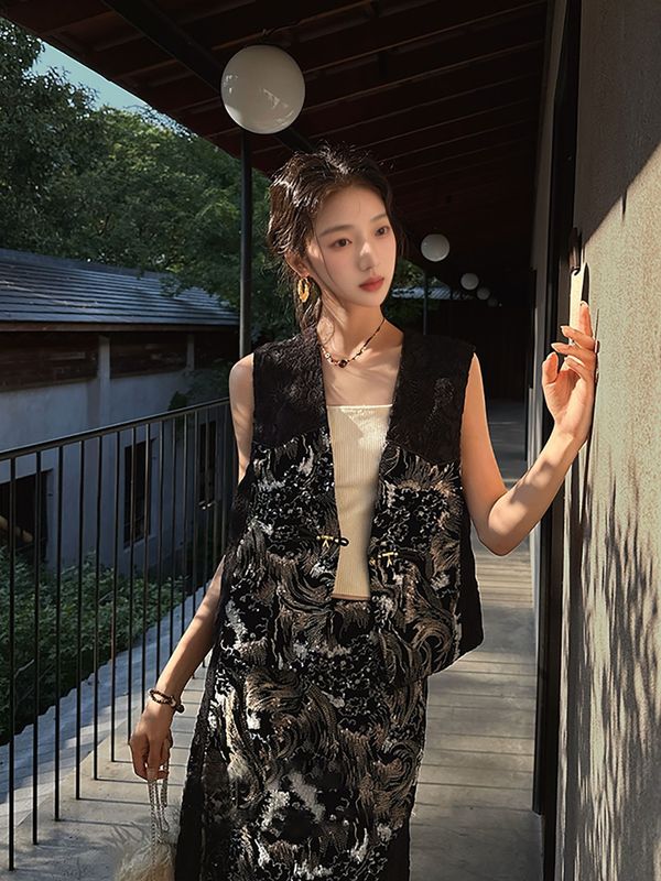 国风新中式套装复古轻奢重工丝绒绣花定马甲半裙两件套女 N9031|undefined