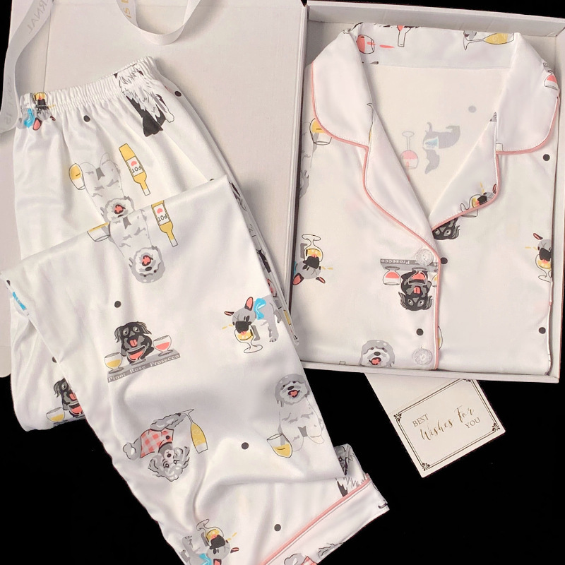 Spring and Autumn New Women's Pajamas Long Sleeve Two-Piece Set Wine Glass Puppy Cartoon Jacquard Casual Cardigan Home Clothes Real Shot