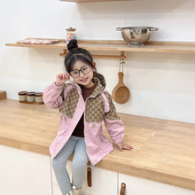 女童外贸收腰风衣春秋装2025年英伦风连帽外套儿童中长款拉链大衣