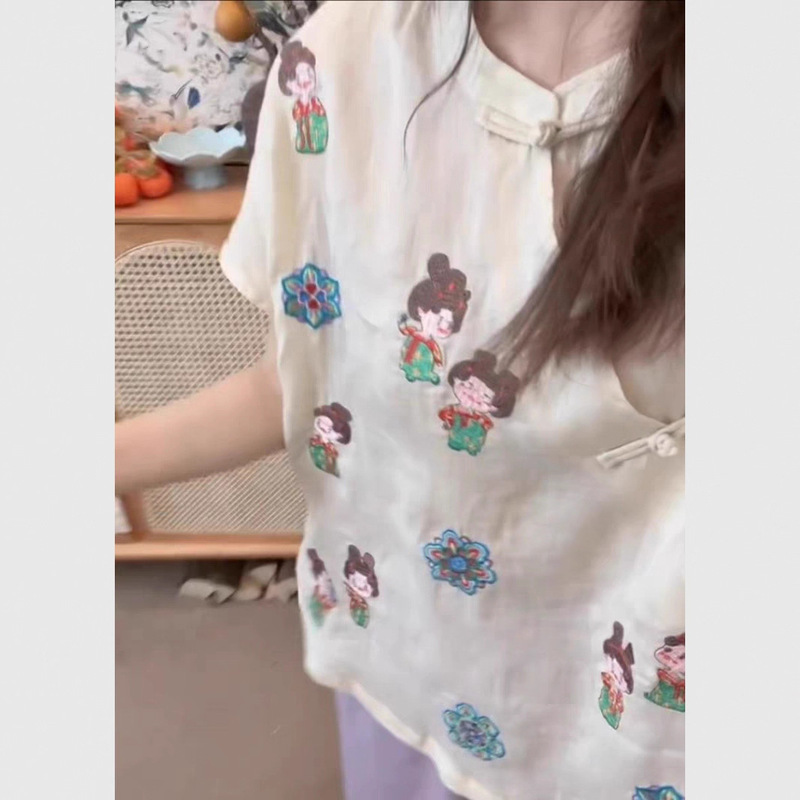 新中式国风时尚白色小糖人衬衫女夏季小个子绝美漂亮上衣唐装汉服|undefined