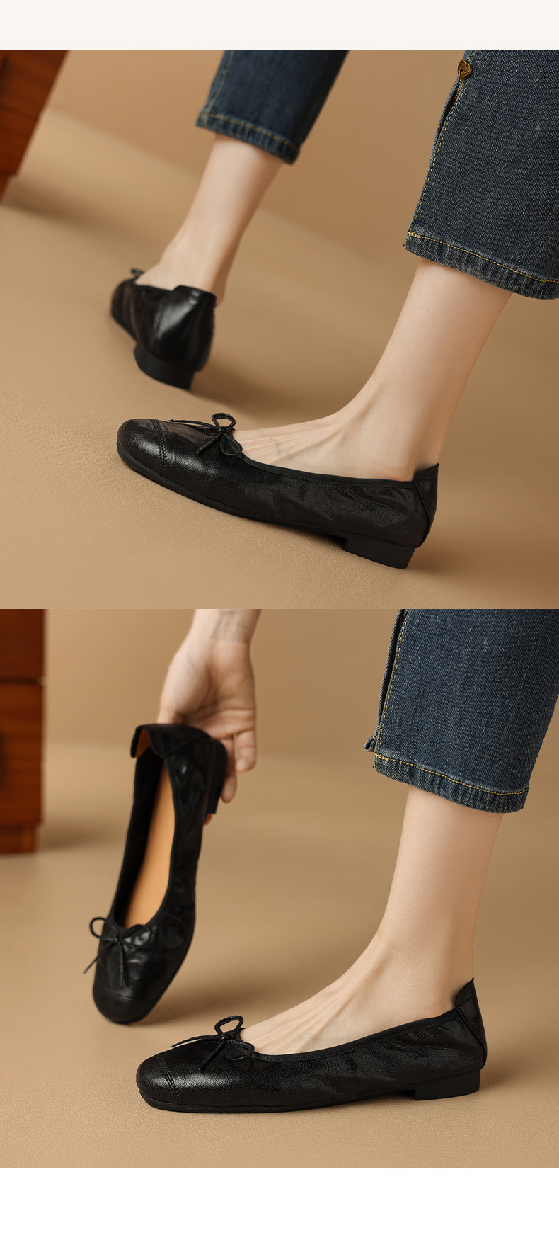 Giày ballet nữ mũi tròn đế bệt da cừu mềm nơ bướm — Màu nâu chi tiết 12
