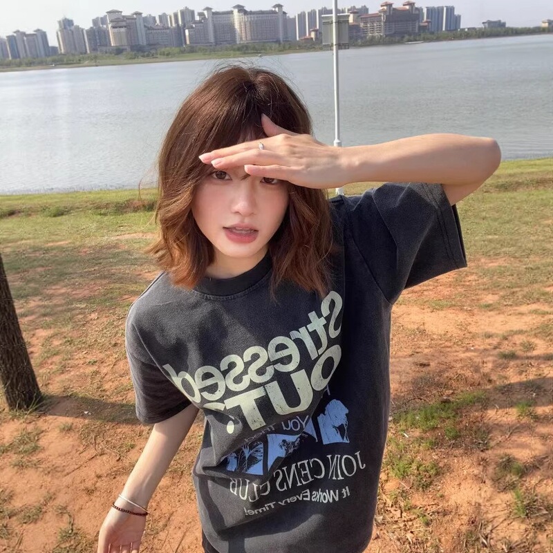 Plus-Size Korean Instagram Niche Retro American Slogan Graphic Washed Casual Versatile Loose Unisex Large Size Short-Sleeve T-Shirt Plus-Size Korean Instagram Niche Retro American Slogan Graphic Washed Casual Versatile Loose Unisex Large Size Short-Sleeve T-Shirt