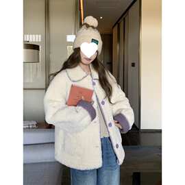 蕾丝紫色拼接羊羔毛外套女冬季皮毛一体小香风绝美上衣