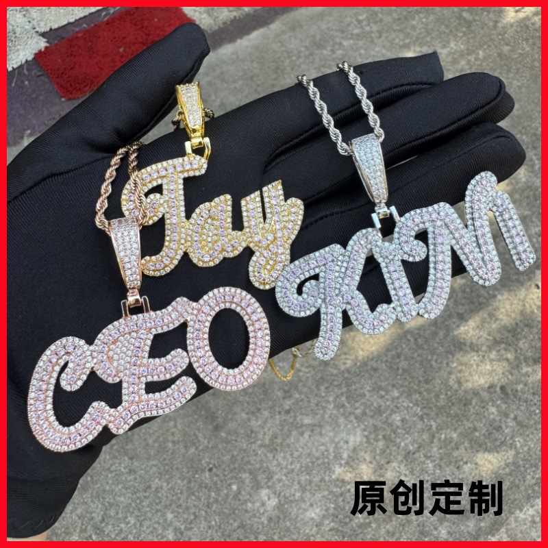 Fuchsia brass shiny necklace hip-hop style with letters with zircon
