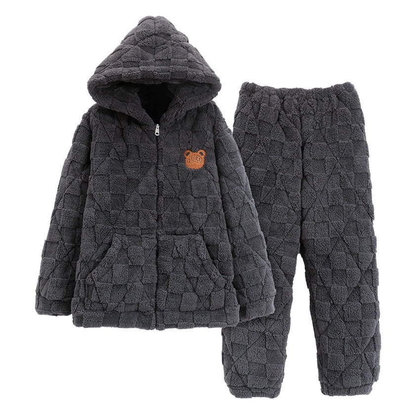 Pijamas de invierno de los hombres de tres capas acolchadas de invierno con forro de lana engrosada con capucha cardigan estilo coreano suelta Chaqueta de algodón acolchado ropa para el hogar