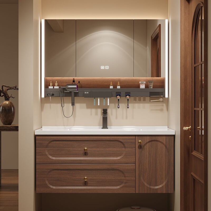 Modern Chinese-Style Bathroom Cabinet with Integrated Ceramic Basin, Walnut Bathroom Cabinet with Integrated Sink Modern Chinese-Style Bathroom Cabinet with Integrated Ceramic Basin, Walnut Bathroom Cabinet with Integrated Sink