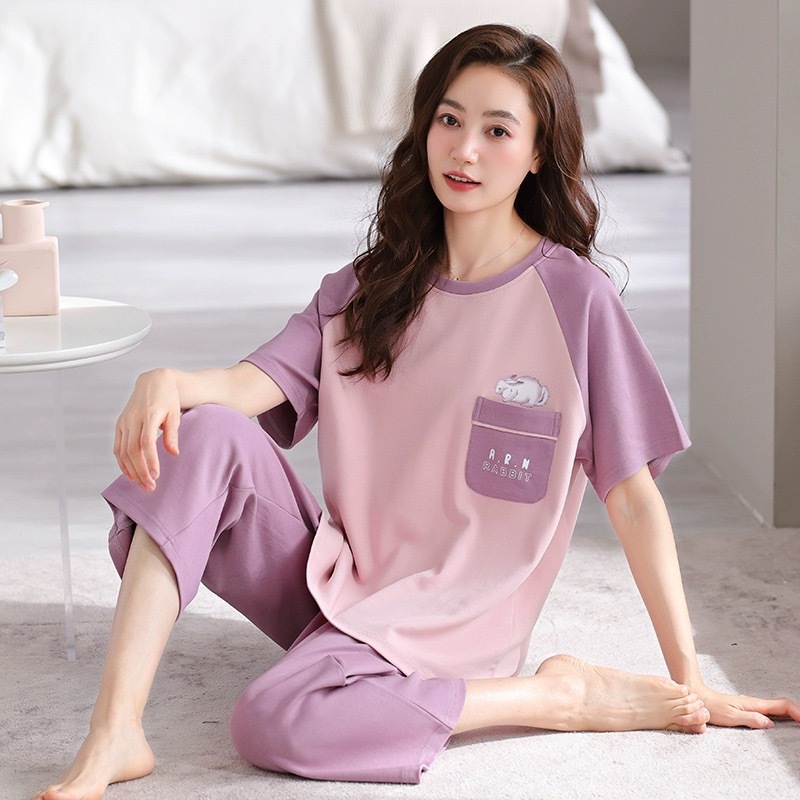 5XL plus size pajamas for women 2024 new summer short sleeve cropped pants thin fashion home wear spring and autumn